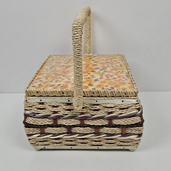 Sewing Notions Box Craft Basket Vintage Woven Wicker Floral Retro Mid Century - Picture 8 of 15